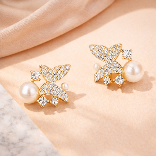 Gold-Tone Crystal Butterfly Stud Earrings with Pearl Drop