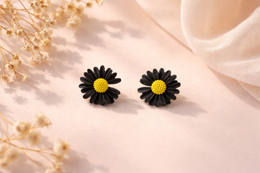 Midnight Daisy Stud Earrings – Minimal Floral Elegance