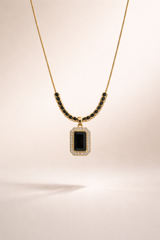 Noir Luxe Gold-Tone Pendant Necklace with Crystal Frame