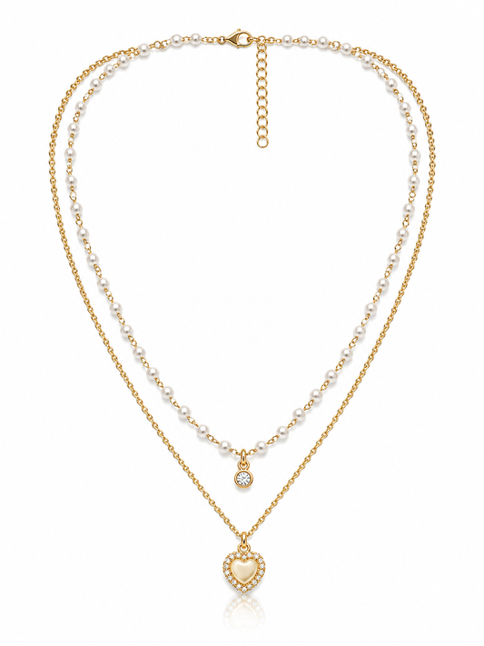 Celeste Pearl Heart Layered Necklace (Dual Chain 16” + 18”)
