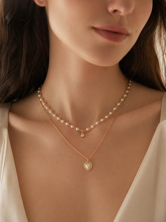 Celeste Pearl Heart Layered Necklace (Dual Chain 16” + 18”)