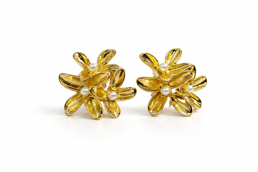 Golden Bloom Pearl Stud Earrings