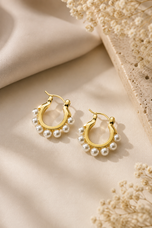 Gold-Tone Pearl Hoop Earrings