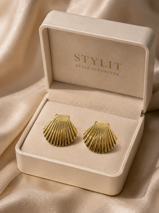 Golden Shell Glow Ribbed Stud Earrings