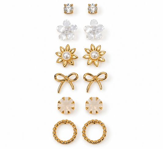 STYLIT Gold-Tone & Crystal Earrings Set of 6 Pairs