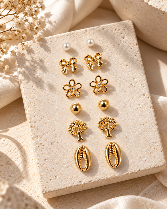 STYLIT Gold-Tone & Pearl Stud Earrings Set of 6