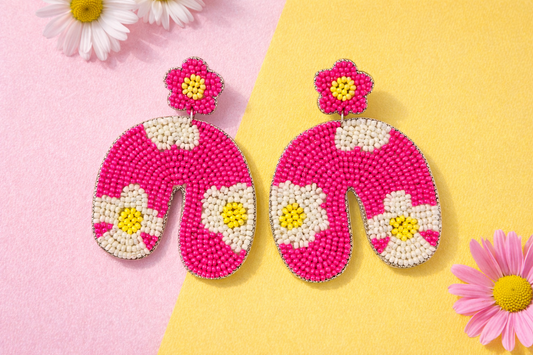 Handmade Pink Daisy Floral Beaded Statement Earrings