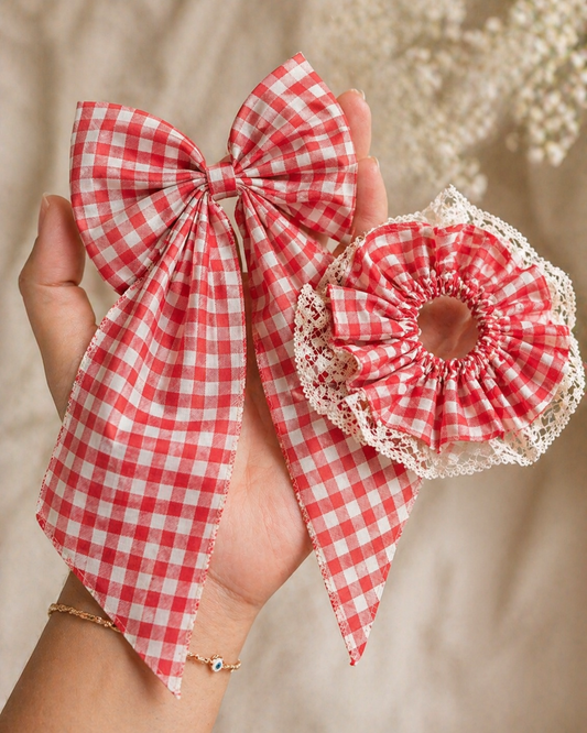 Rosette Gingham Bow & Lace Scrunchie Set