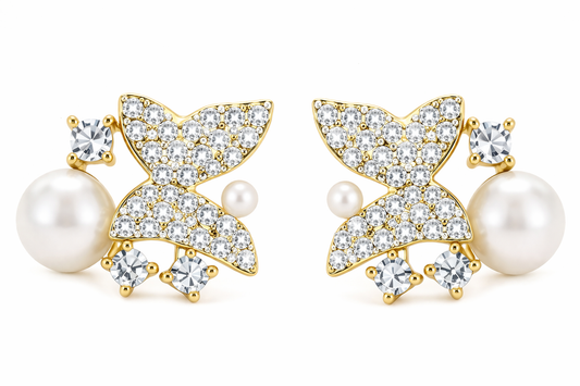 Gold-Tone Crystal Butterfly Stud Earrings with Pearl Drop