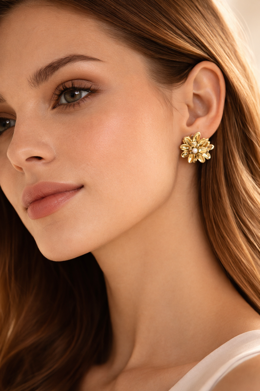 Golden Bloom Pearl Stud Earrings