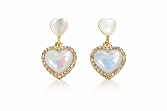 Iridescent Double Heart Drop Earrings with Pearl Stud (Gold-Tone)