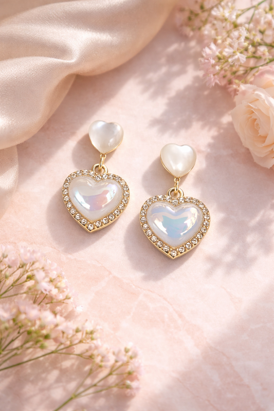 Iridescent Double Heart Drop Earrings with Pearl Stud (Gold-Tone)