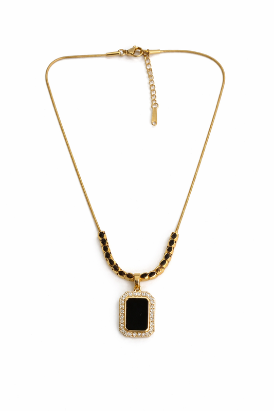 Noir Luxe Gold-Tone Pendant Necklace with Crystal Frame