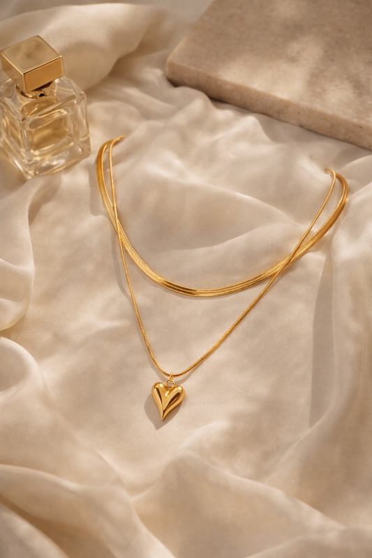 Lumiere Heart Layered Snake Chain Necklace (Gold-Tone)