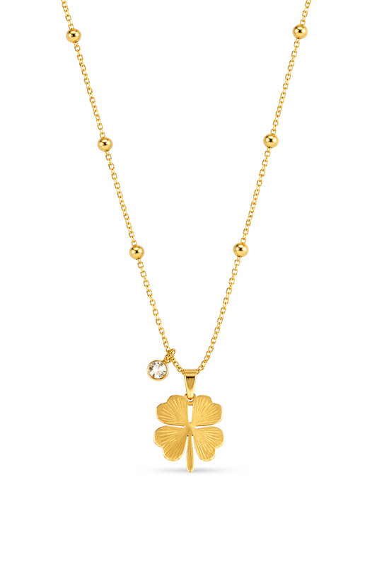 Aurelia Clover Charm Necklace – Minimal Gold Beaded Chain (16”)