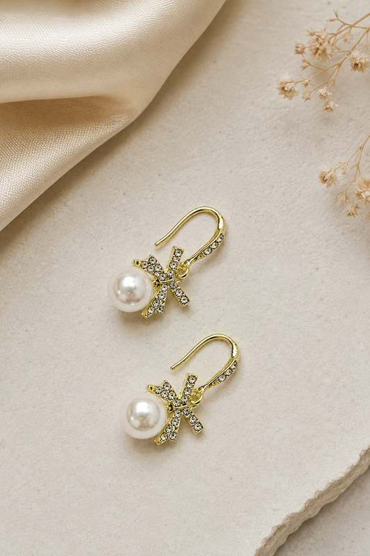 Golden Bow Pearl Drop Earrings