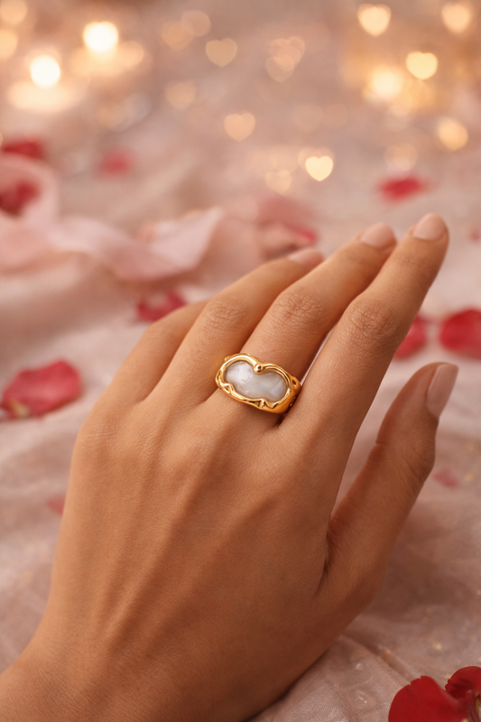 💖 Amoré Pearl Embrace Ring – A Valentine’s Love Story in Gold