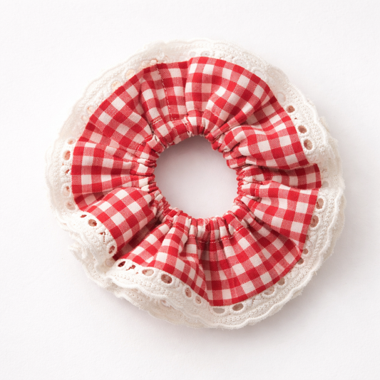 Scarlet Lace Gingham Scrunchie
