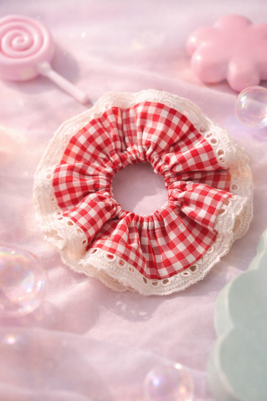 Scarlet Lace Gingham Scrunchie