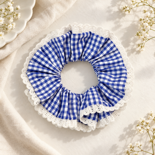 Blue Gingham Lace Scrunchie
