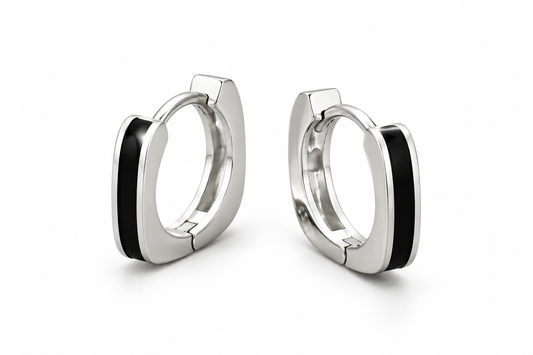 STYLIT Men’s Silver-Tone Black Edge Huggie Hoop Earrings