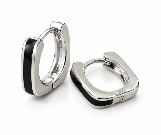 STYLIT Men’s Silver-Tone Black Edge Huggie Hoop Earrings