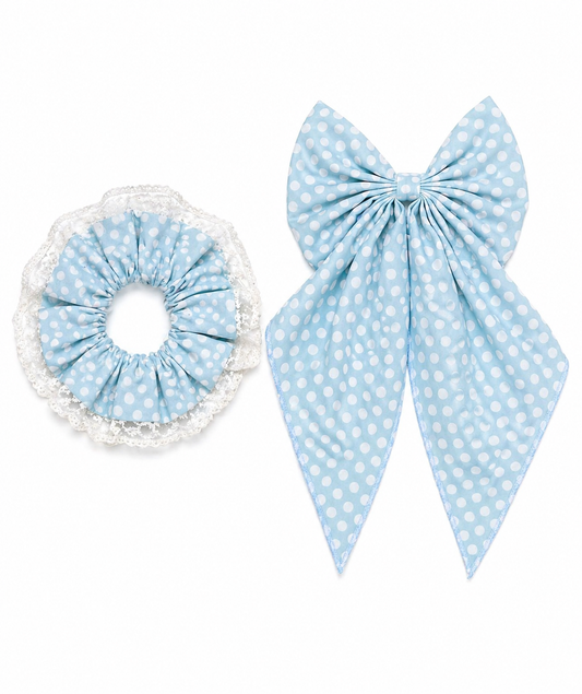 Azure Polka Luxe Bow & Lace Scrunchie Set — 100% Cotton