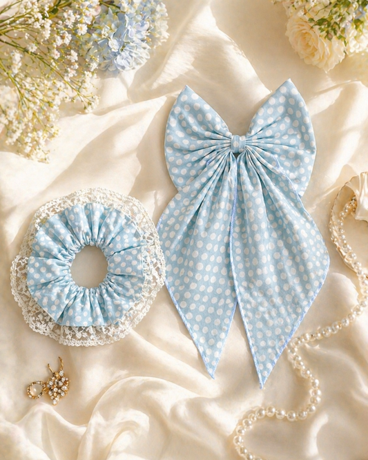 Azure Polka Luxe Bow & Lace Scrunchie Set — 100% Cotton
