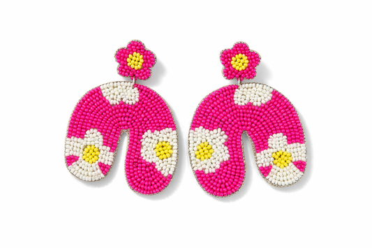 Handmade Pink Daisy Floral Beaded Statement Earrings
